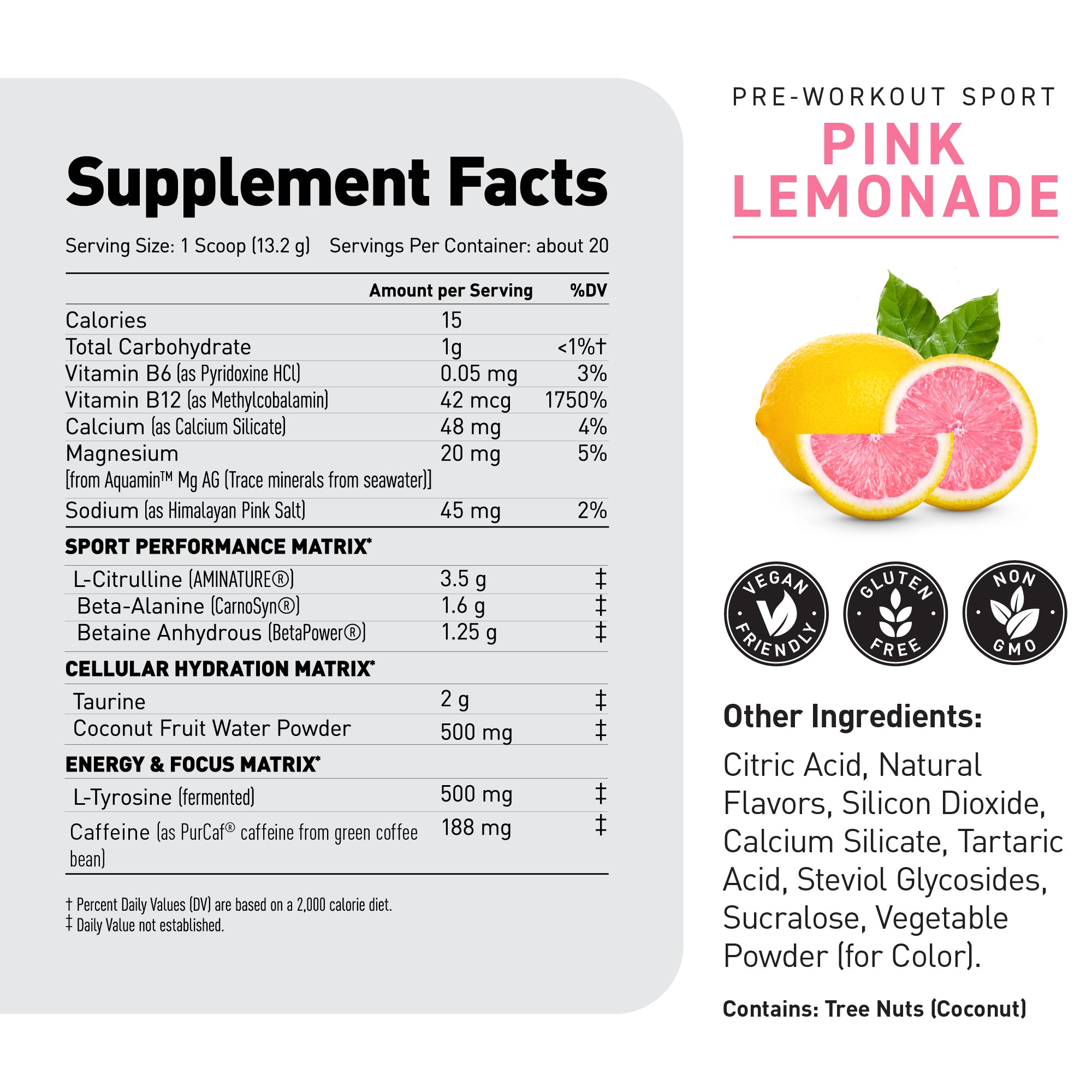 Close up of Pre-Workout Sport Supplement Facts panel with Pink Lemonade flavor text and lemon and pink grapefruit image #flavor_pink lemonade