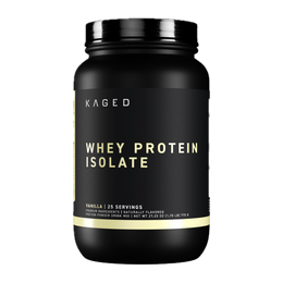 Kaged Whey Protein Isolate in vanilla flavor, 27.33 oz container with 25 servings.