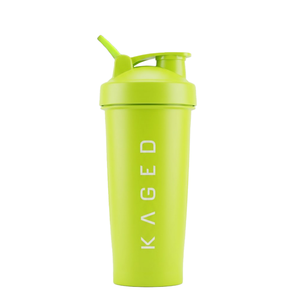 Front view of Volt 28oz shaker bottle showing flip-top spout, screw-on lid, and vertical KAGED logo on white background