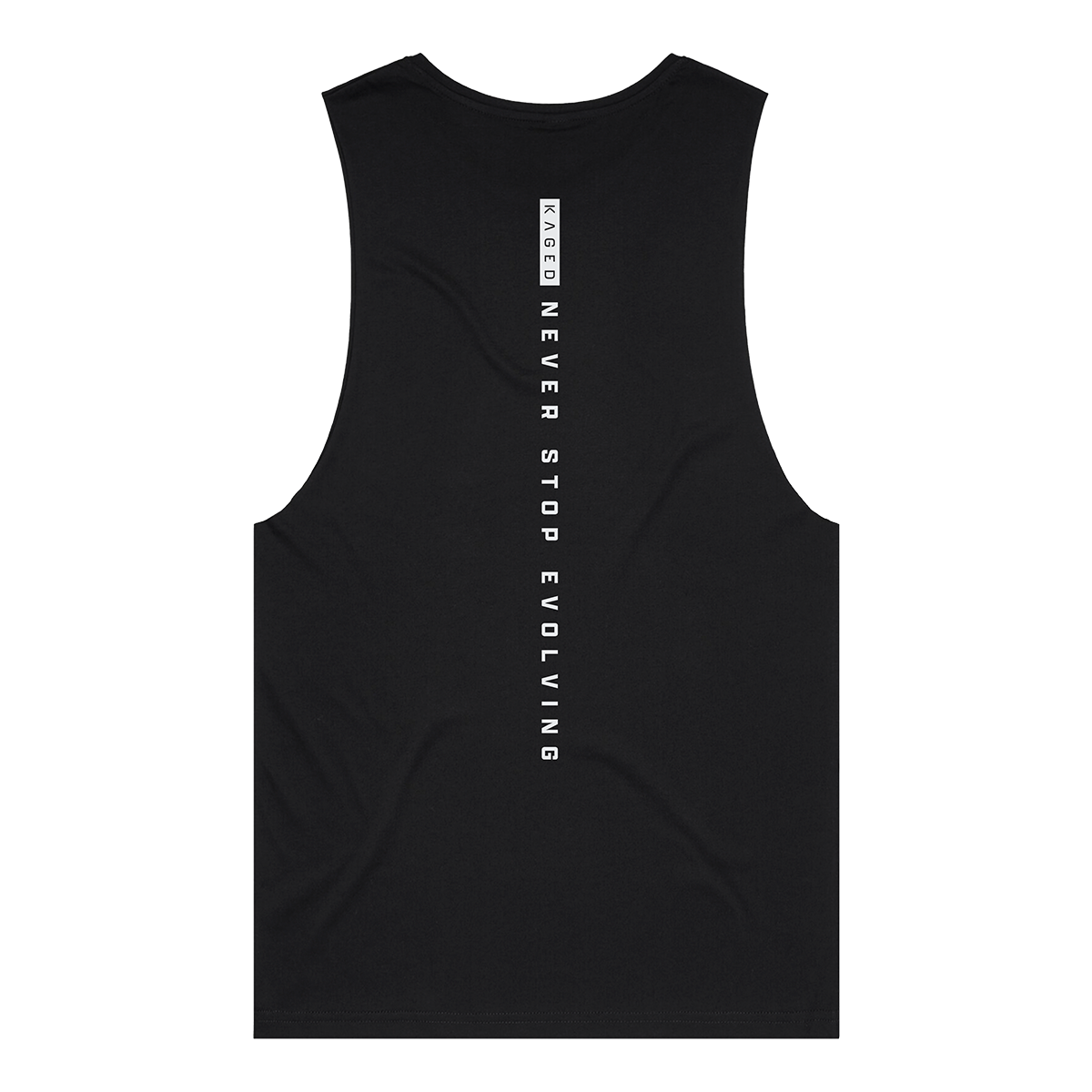 Back view of black Team Kaged logo tank showcasing vertical NEVER STOP EVOLVING text and small KAGED logo on white background