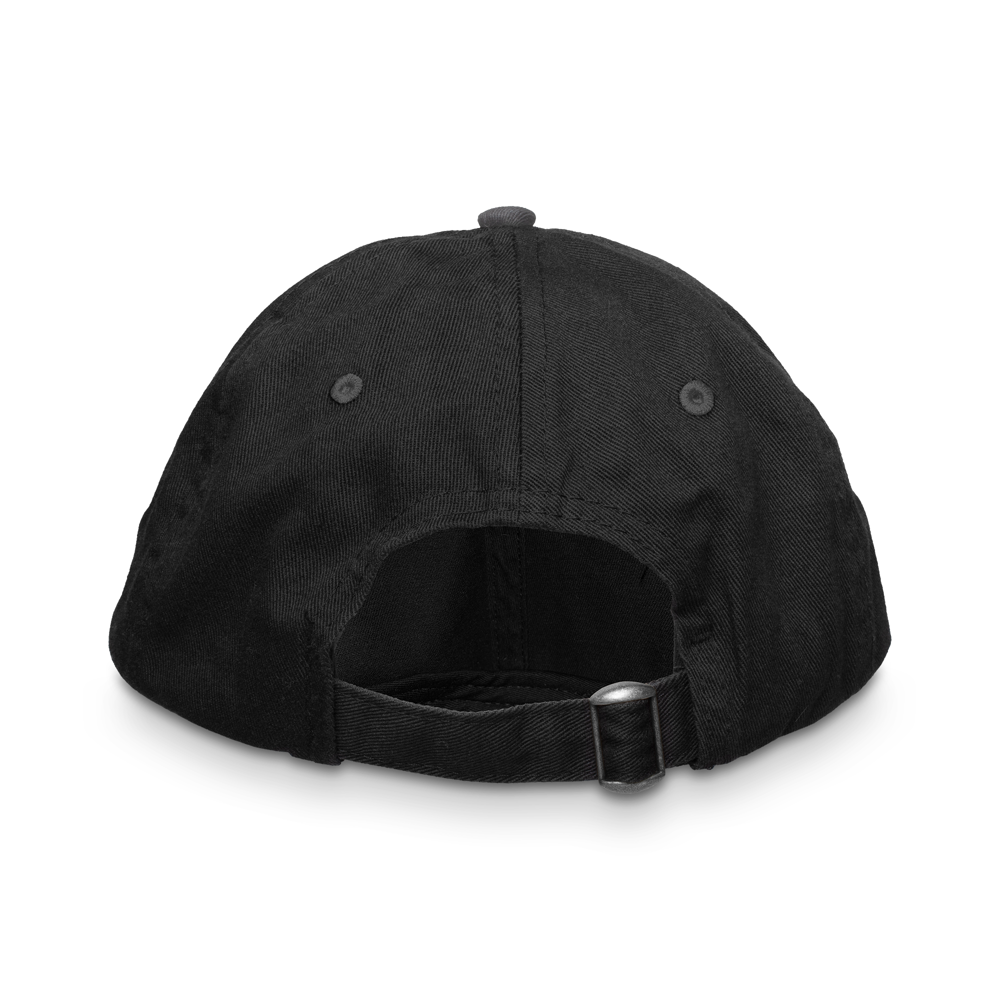 Rear view of KAGED Dad Hat showing adjustable strap with metal buckle on black cotton cap